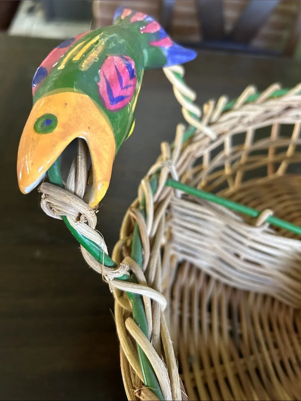 Woven Wicker Divided Serving Basket with Green Trim and Colorful Fish Accents